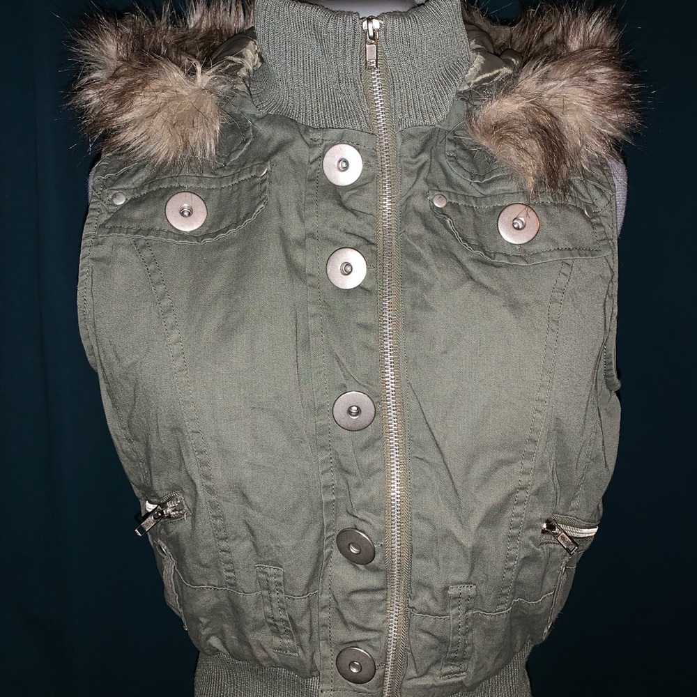 Sage Green Zip Up Faux Fur Hooded Vest